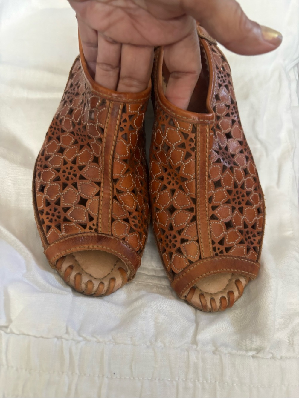 PIKOLINOS Tan Perforated Leather Peep-Toe Sandals